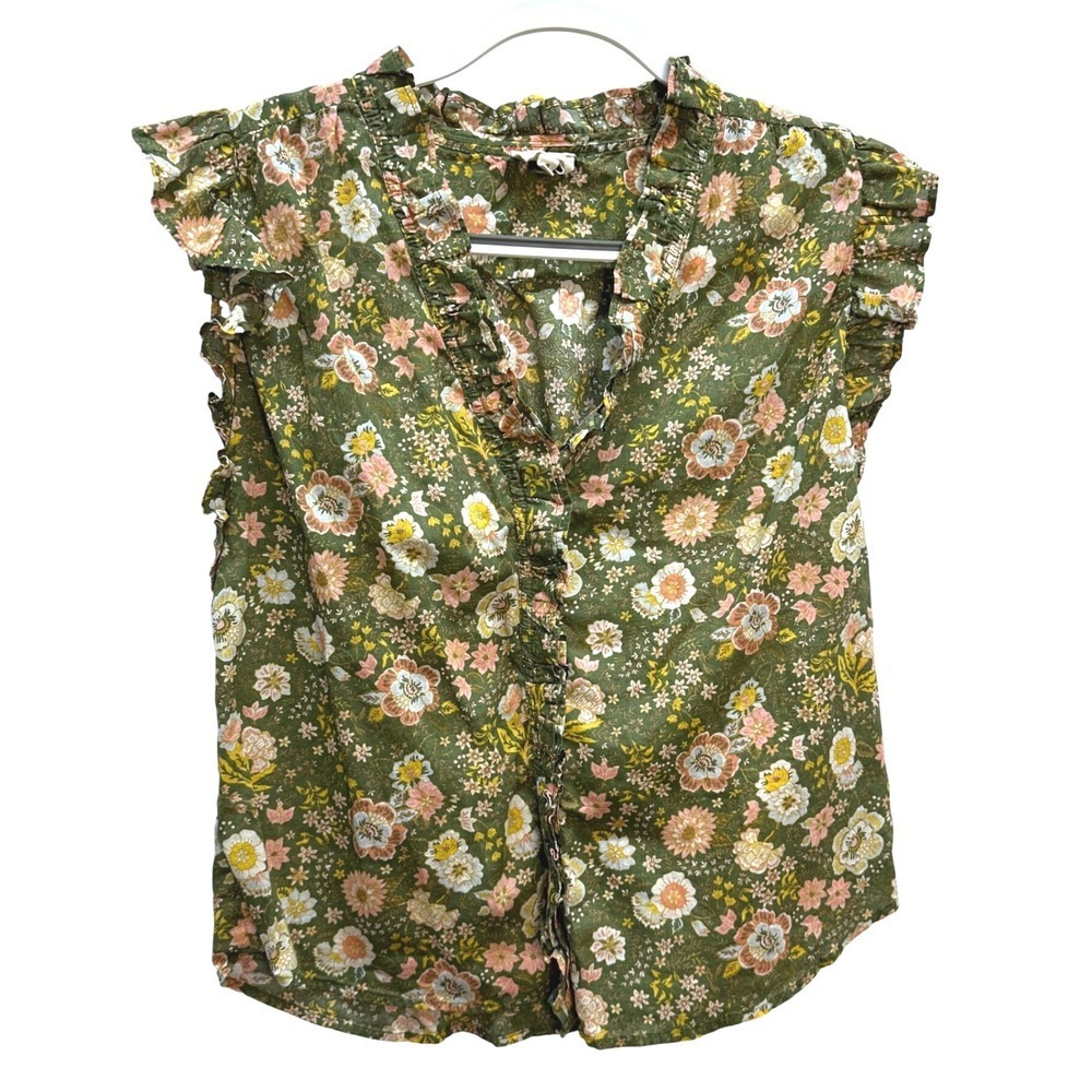 Elan Olive Green Floral Ruffle Sleeveless Blouse